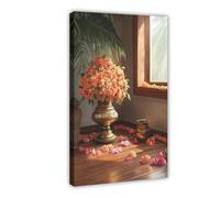 Kerala Uruli Art Print, Brass Bowl And Floral Canvas Poster Bedroom Decor Landscape Office Room Decor Gift 20x30inch(50x75cm)