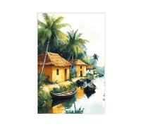 Kerala Village Scene Art Print, Tropical Indian Landscape Canvas Poster Wall Art Decor Print Picture Paintings for Living Room Bedroom Decoration 24x36inch(60x90cm)