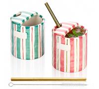 keramwerk 2 Pack Ceramic Coffee Mug with Sip Hole Espresso Shot Cup 300ml with Straws Retro Hand Painted Striped Porcelain Coffee Tea Cup Cappuccino Latte Mug for Kitchen Dining Travel (Green,Pink)