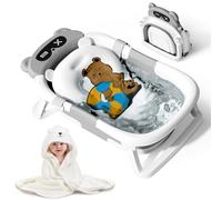 Kerbwry Collapsible Baby Bathtub with Thermometer for Newborn to Toddler,Portable Travel Baby Bath Tub with Soft Cushion,Baby Bath Tub for Infants 0-24 Month,Grey