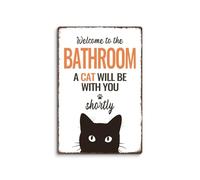 Kercan Black Cat Bathroom Decor,Welcome To The Bathroom Funny Metal Tin Sign,Vintage Black and White Decor for Restroom Toilet, 8 × 12inch