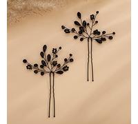 Kercisbeauty Boho Black Crystal Hair Pins for Women Wedding Bridal Hair Piece Handmade Hair Accessories for Brides Bridesmaids 2PCS (Black)