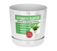 Kerd White Plant Pot With Silver Flecks & Saucer. Gloss Plastic Indoor Flower Planter With Drainage Holes, 21 Cm
