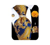Kerfado 5PCS Paisley Tie and Pocket Square for Men, Silk Necktie Handkerchief Cufflinks Drilled Tie Ring and Lapel Pin Set, Gold Blue Paisley Tie Set -225, 3.35" in width and 59" in length
