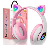 KERHAND Bluetooth Noise Cancelling Headphones for Kids,Foldable Cat Headphone with LED Light Up Ear,Cat Ear Headphones for Toddler with Microphone/TF Card,Kids Bluetooth Earphones for ipad