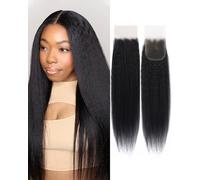 Kerriana Yaki Closure Human Hair Closure Curly Straight 4x4 Transparent Yaki Closure for Human Hair Natural Black Free Part Closure Kinky Straight 4x4