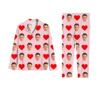 Keruidian Custom Face Pajamas,Personalized Heart Onesie Pajamas with Photo,Custom Pet Face Picture V-neck Pajama Set,Long Sleeve,Christmas Gifts (L,Women's)