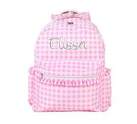 Keruidian Personalized Bookbag Embroidered Monogram Backpack Personalized Gingham Bookbag Monogram Nylon Backpack Preschool Gingham School Bag (Pink)