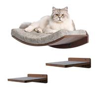 Kerwis Premium Cat Shelves - Cat Shelf in Walnut Brown with Replaceable Carpet with 2 Pine Wood Steps (3pcs). Sturdy Perches for Wall for Lounging and Playing, Cat Hammock Bed Furniture for Cats
