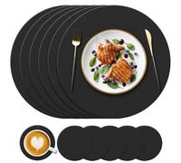 KERYCHIN 6 Round Silicone Placemats(34cm) and 6 Coasters(10cm) Set, Heat-Resistant 450 °F Place Mats, Non-Slip and Washable, Tablemats for Hotel, Restaurant, Kitchen Glass Dining Table, Black