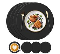 KERYCHIN Round Silicone Placemats(34cm) and Coasters(10cm) Set of 4, Heat-Resistant 450 °F Place mats, Non-Slip and Washable, Table Mats for Restaurant, Hotel, Kitchen Glass Dining Table, Black