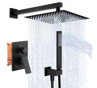 KES Black Shower Set 3-Function Concealed Shower System for Bathroom Wall Mounted 12-Inch Shower Head with Handheld Including Rough-in Valve Body and Trim Kit Square, X6230S12-BK