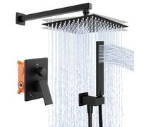 KES Black Shower System 10-Inch Concealed Shower Set 3-Modes Square Rainfall Shower Head with Handheld Including Rough-in Valve Body and Trim Mixer Rain Shower Kit, X6230-BK