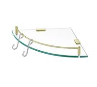 KES Glass Corner Shower Shelf with Rail & 2 Hooks, Quarter Round 25cm Radius Bathroom Corner Shelf 7mm Tempered Glass, Wall Mounted Brushed Gold, BGS2101A-BZ