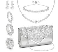 KesaPlan Silver Clutch Purse Jewelry Set for Women and Gold Rhinestone Jewelry Sets Prom Clutch Purse Necklace Earrings Bracelet Set Accessories for Evening Party Bride Wedding, Standard, Rhinestone