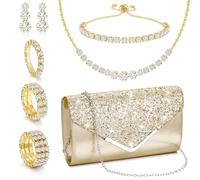KesaPlan Silver Clutch Purse Jewelry Set for Women and Gold Rhinestone Jewelry Sets Prom Clutch Purse Necklace Earrings Bracelet Set Accessories for Evening Party Bride Wedding, Standard, Rhinestone