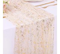 Kesfey 10FT Beige Gold Glitter Gauze Table Runner 120 Inch Glitter Metallic Foil Sheer Cheesecloth Tulle Sequin Table Runner for Weddings Party Dining Table Decorations Christmas