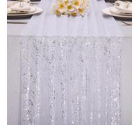 Kesfey 10FT White Silver Glitter Gauze Table Runner 120 Inch Silver Glitter Metallic Foil Sheer Cheesecloth Tulle Sequin Table Runner for Weddings Party Dining Table Decorations