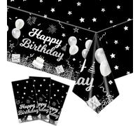 Kesfey 3 Pack Happy Birthday Tablecloths Decorations, Plastic Rectangular Table Cover Wipeable for Baby Shower Party Supplies, 108 x 54 Inch (Silver and Black)