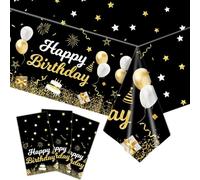 Kesfey 3 Pcs 137x274cm Happy Birthday Tablecloths Happy Birthday Decorations, Plastic Waterproof Table Cover Rectangular Disposable Tablecloth Wipeable, Birthday Party Decoration(Gold and Black)