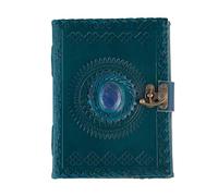 Keskin Handmade Leather Grimoire Journal - Spell Book of Shadows for Witchcraft, Wicca, Witch Diary & Notebook - Vintage Blank Journal for Spells and Ritual Notes, 18 x 12 cm (Dark Teal with Stone)