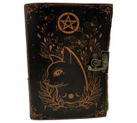 Keskin Handmade Leather Grimoire Journal - Spell Book of Shadows for Witchcraft, Wicca, Witch Diary & Notebook - Vintage Blank Journal for Spells and Ritual Notes, 18 x 12 cm (Black Cat)
