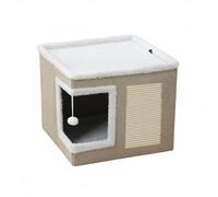 KESOTO Foldable Cat With Scratching Side Cozy Enclosed Cube With Sherpa Lining And Linen Sturdy Frame With Non Slip Base suitable for pets apartments bedroom corners, Khaki