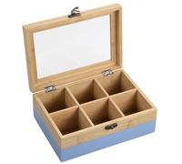 Kesper® Tea Box, Material: FSC® Certified Bamboo, 6 Compartments, with Viewing Window & Retro Closure, Tea Box for Storage, Dimensions: 21.5 x 15 x 8.5 cm, Tea Not Included, Colour: Blue Natural |