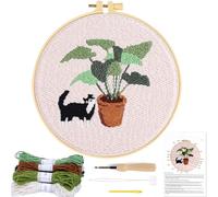 KESTAR Punch Needle Embroidery Starter Kits, Black and White Cat Plant Punch Needle Kits for Adults Beginner, Embroidery Kit Tool with Instruction Threader Fabric Yarns and Hoop