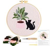 KESTAR Punch Needle Embroidery Starter Kits, Black Cat Flower Punch Needle Kits for Adults Beginner, Embroidery Kit Tool with Instruction Threader Fabric Yarns and Hoop