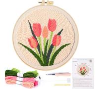 KESTAR Punch Needle Embroidery Starter Kits, Pink Tulip Flower Punch Needle Kits for Adults Beginner, Embroidery Kit Tool with Instruction Threader Fabric Yarns and Hoop