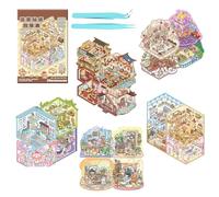 Kesteey 20 Sets 3D Sticker Therapy Scene Material Book, Creative Fun 3D Space Stickers DIY 3D House Stickers Set for Adults Relief Stress Pass The Time Play Park Hamburg Castle Library (A)