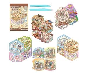 Kesteey 20 Sets 3D Sticker Therapy Scene Material Book, Creative Fun 3D Space Stickers DIY 3D House Stickers Set for Adults Relief Stress Pass The Time Play Park Hamburg Castle Library (A)
