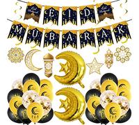 Kesteey 41Pcs Eid Mubarak Party Decorations Set Ramadan Mubarak Banner Hanging Swirls Star Moon Foil Balloon and Black Gold Latex Balloons for Eid Mubarak Themed Party