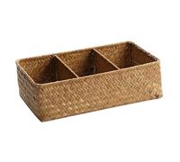 kesurpae Stylish Japanese Woven Storage Basket with Dividers Metal Frame Decorative Wicker Desk Organizer Three Grid Storage Desk Basket Rustic Style Tightly Woven