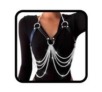 Kesvb - Punk Layered Chest Chain Silver Leather Chain Disco Ring Halloween Body Jewelry Accessories for Women One Size Leather Not a Gemstone
