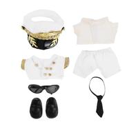 KESYOO Pilot Costume Set for Plush Dolls - Captain Outfit with White Uniform, Black Square-Head Shoes, and Narrow Black Frame Glasses - Doll Clothes for Cosplay and Collectible