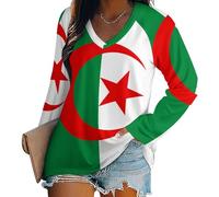 KETAFOUND Algeria National Flag Women's V-Neck Long-Sleeved Top, Long Sleeve Oversized Women's T-Shirts, Casual Fashion for Winter Fall Spring Comfortable Long Sleeve Basic Tee Women XXL