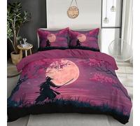 KETAFOUND Double Cover Set 200 X 200 Cm - Sakura Samurai 3Pcs Reversible Bedding Bed Set, Pink Soft Brushed Microfiber Quilt Cover With 2 Pillowcases 50X75Cm, Japanese Anime Scenery
