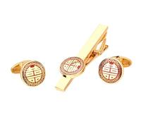 KETAFOUND Geometric Cufflinks Tie Clip Set - Classic Round Chinese Characters Cuff Link Tie Bar,Wedding Engagement Jewelryaccessories Luxury For Men,Red,1.7Cm
