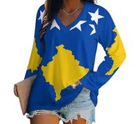 KETAFOUND Kosovo National Flag Women's V-Neck Long-Sleeved Top, Long Sleeve Oversized Women's T-Shirts, Fashionable Flag Print for Winter Fall Spring Comfortable Long Sleeve Basic Tee Women 5XL