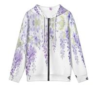 KETAFOUND Men'S Wisteria Zip Up Hooded Sweatshirt, 3D Simple Flowers Hoodies, Soft And Breathable Sweatshirts With Pockets, Comfortable Against The Skin Purple Casual Long Sleeve Zipper Cardigan