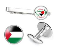 KETAFOUND Palestine National Flag Cufflinks Tie Clip For Men - Geometry Glass Heart Pattern Cuff Links Tie Bar, For Business Wedding Hip-Hop Ornament Jewelry Set Accessories,White,1.6Cm