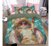 KETAFOUND Supersoft Duvet Set - Cosy & Comfortable Delicate Touch, Easy Care Microfibre With Zipper Closure, Vacation Cat Print Hawaiian Style Duvet Quilt Cover + Pillowcase Bed Set, King, Blue-Green