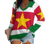 KETAFOUND Suriname National Flag Women's V-Neck Long-Sleeved Top, Long Sleeve Oversized Women's T-Shirts, Casual Fashion for Winter Fall Spring Comfortable Long Sleeve Basic Tee Women 4XL