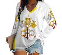 KETAFOUND Vatican City National Flag Women's V-Neck Long-Sleeved Top, Long Sleeve Oversized Women's T-Shirts, Simple and Casual for Winter Fall Spring Comfortable Long Sleeve Basic Tee Women S