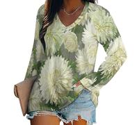 KETAFOUND White Chrysanthemum Women's V-Neck Long-Sleeved Top, Light Green Long Sleeve Oversized Women's T-Shirts, Flowering Plants for Winter Fall Spring Comfortable Long Sleeve Basic Tee Women L