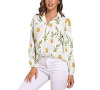 KETAFOUND Womens Blouse Chrysanthemum Shirts Long Sleeve Button Down Shirts Collared V-Neck Loose Office Casual Business Work Tops, Simple Flowers Soft, Comfortable White Top
