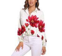 KETAFOUND Womens Blouse Red Chrysanthemum Shirts Long Sleeve Button Down Shirts Collared V-Neck Loose Office Casual Business Work Tops, Bright Flowers Soft, Comfortable White Top