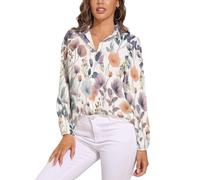KETAFOUND Womens Blouses Charming Wildflowers Long Sleeve Shirts for Women UK Button Down Shirt Ladies V-Neck Loose Tops Elastic Cuffs for Soft Comfort Watercolor Flowers for Office Work - White